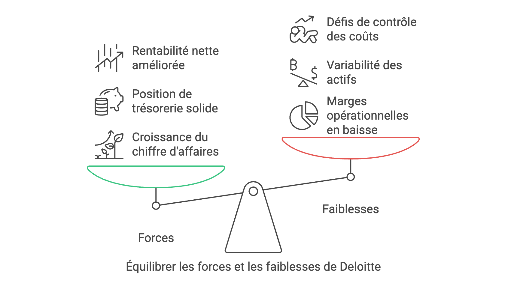 Deloitte & Associés affiche une forte croissance du chiffre d’affaires (+20,5 %), une amélioration de la rentabilité nette (3,83 %) et une trésorerie solide, tout en réduisant son BFR, mais doit surveiller la baisse de sa marge opérationnelle, la variation de son bilan et le poids de sa masse salariale.